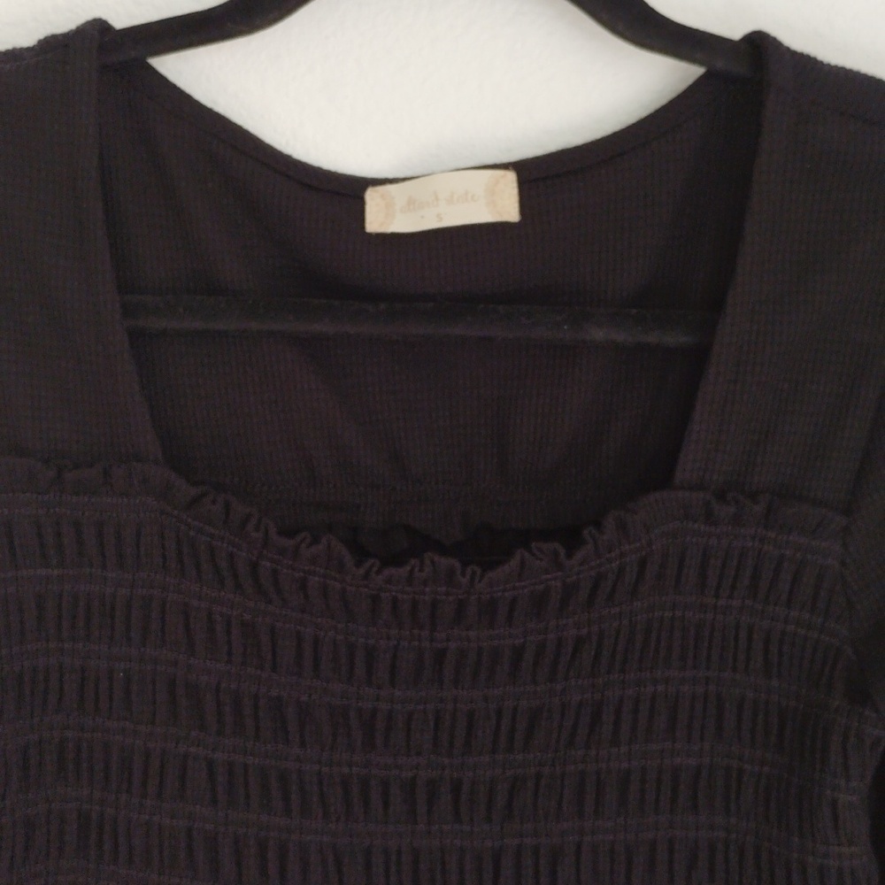 Altar'd State Womens Smocked Thermal Babydoll Top Black Square Neck Sz S Boho